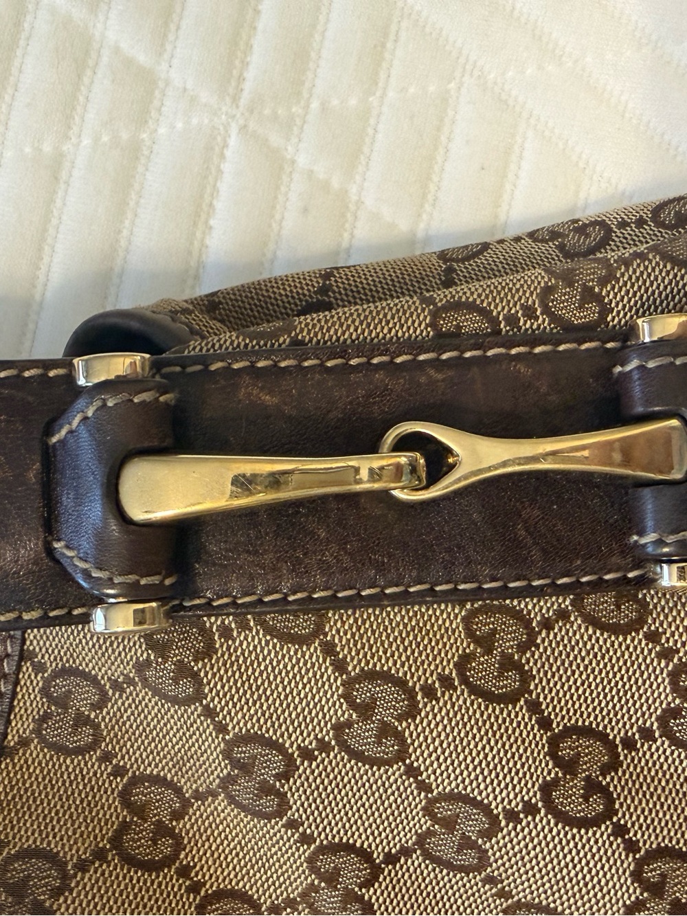 Gucci Beige GG Canvas Braided-Handle Shoulder Bag with Dark Brown Trim - Picture 7 of 14